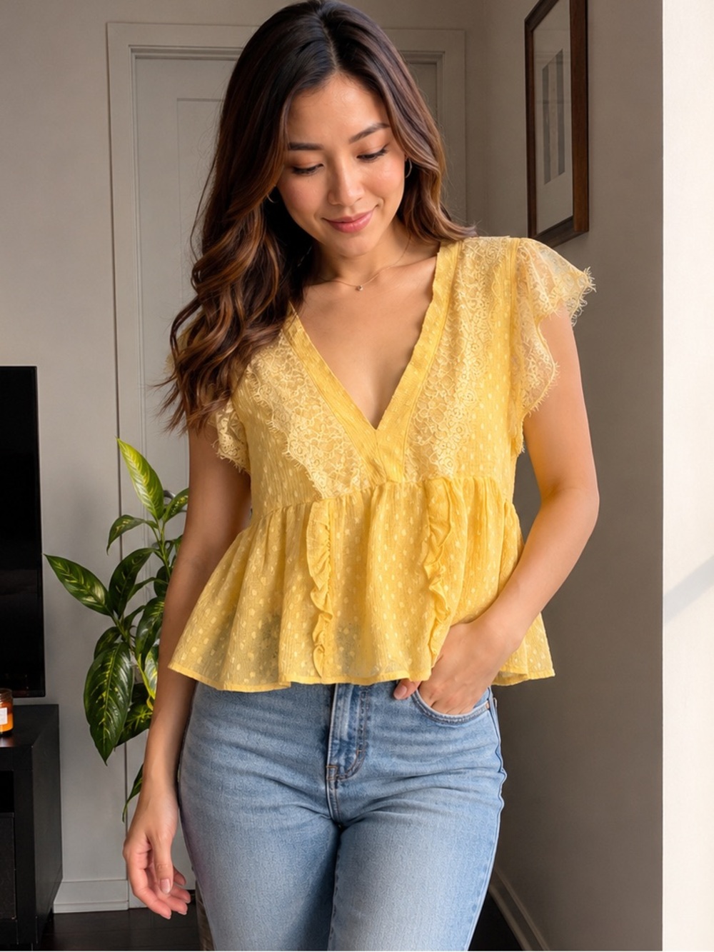 Zara Yellow Lace Flutter Sleeve V-Neck Top